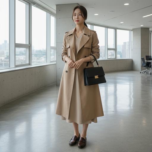 베이지 트렌치코트와 로퍼: 오피스룩