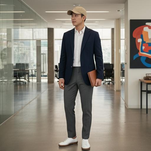 네이비 블레이저 + 옥스퍼드 셔츠: 위트 있는 비즈니스 캐주얼