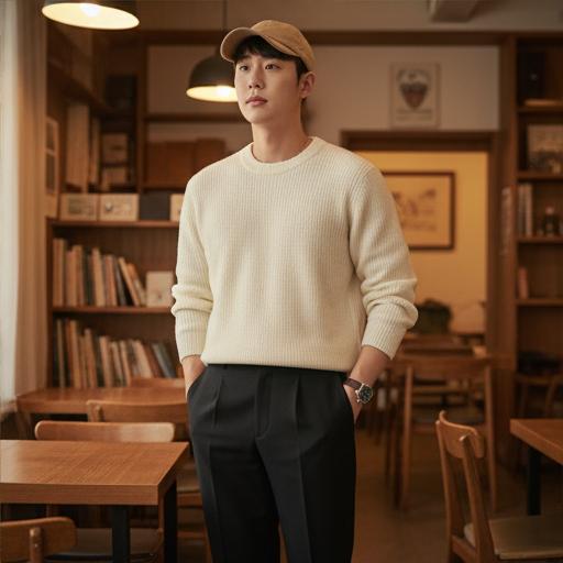 크림색 스웨터 + 블랙 슬랙스: 부드럽고 지적인 가을 룩