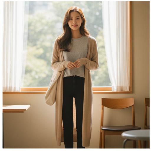 무릎 기장의 롱 가디건: 포근하고 부드러운 나들이 분위기