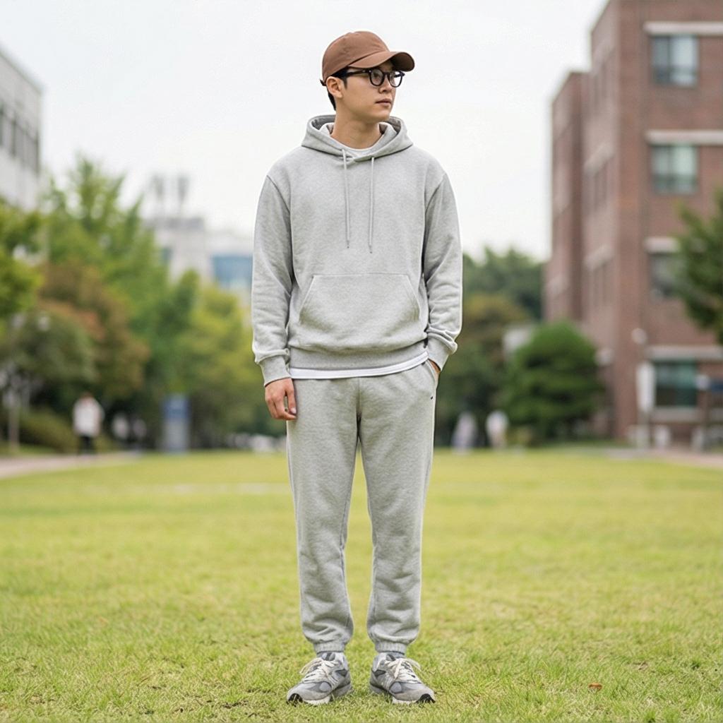 회색 후드티 & 조거팬츠: 활동성을 강조한 캠퍼스 룩