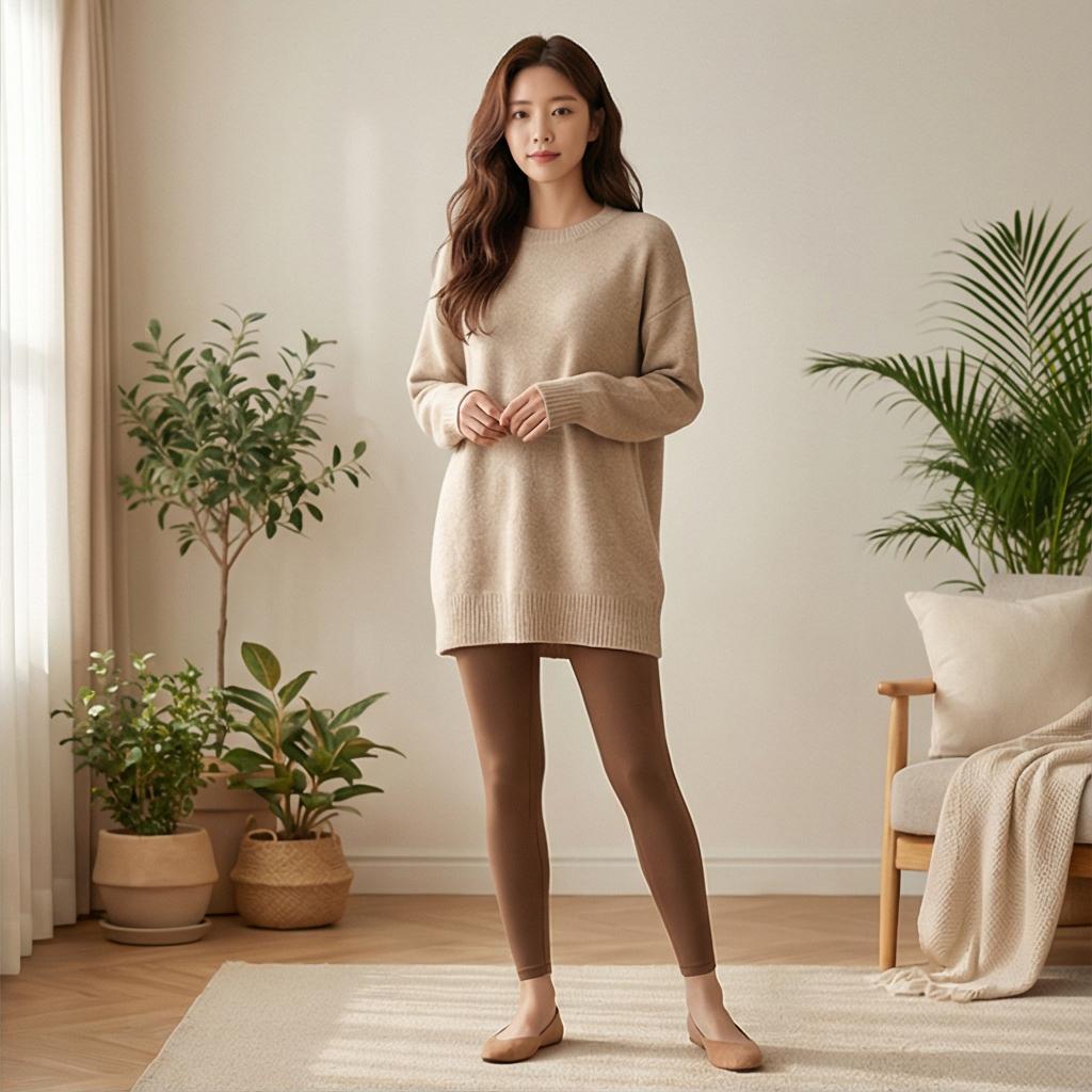 베이지색 롱 니트: 포근한 톤온톤 스타일