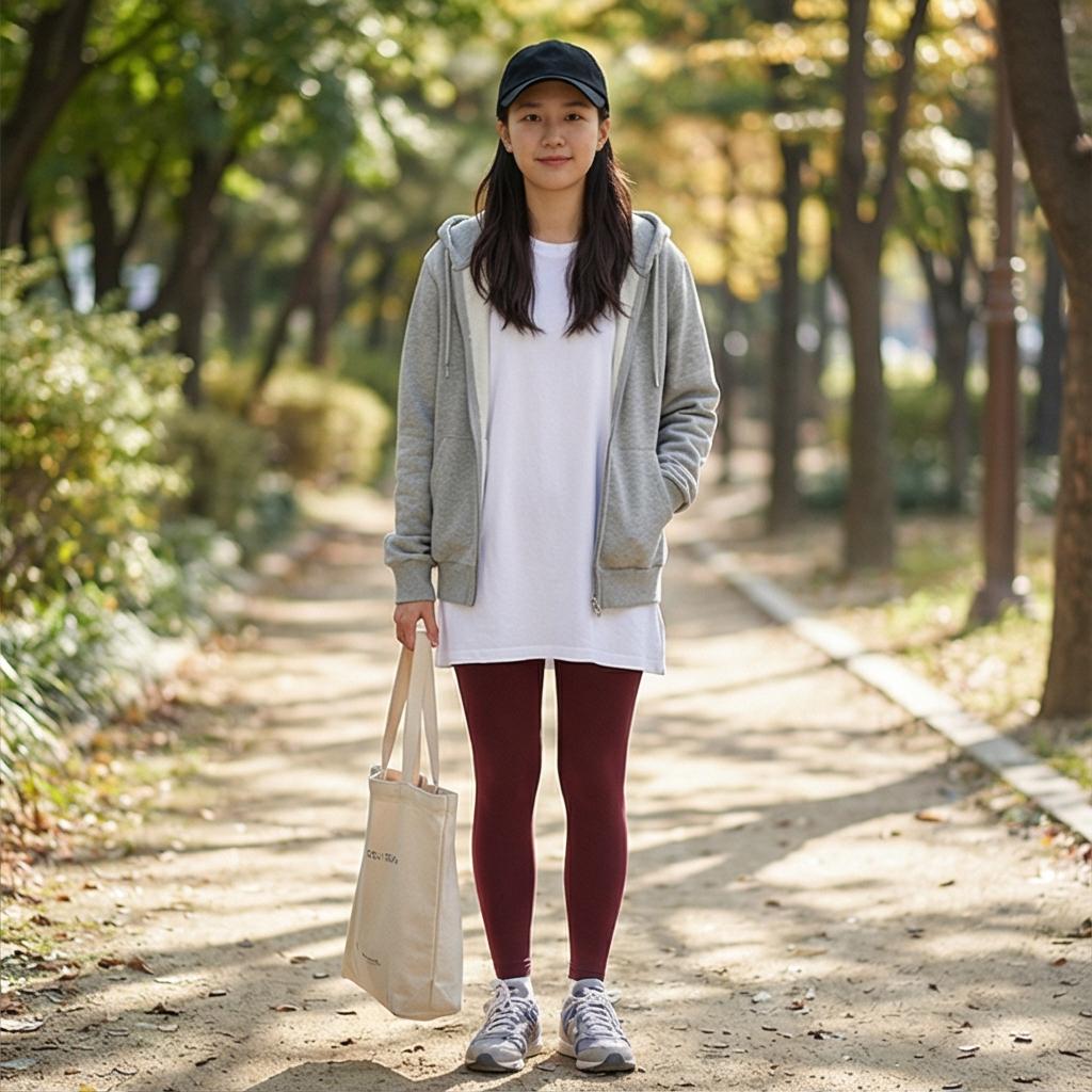 롱 화이트 티셔츠와 후드집업: 활동적인 나들이 스타일