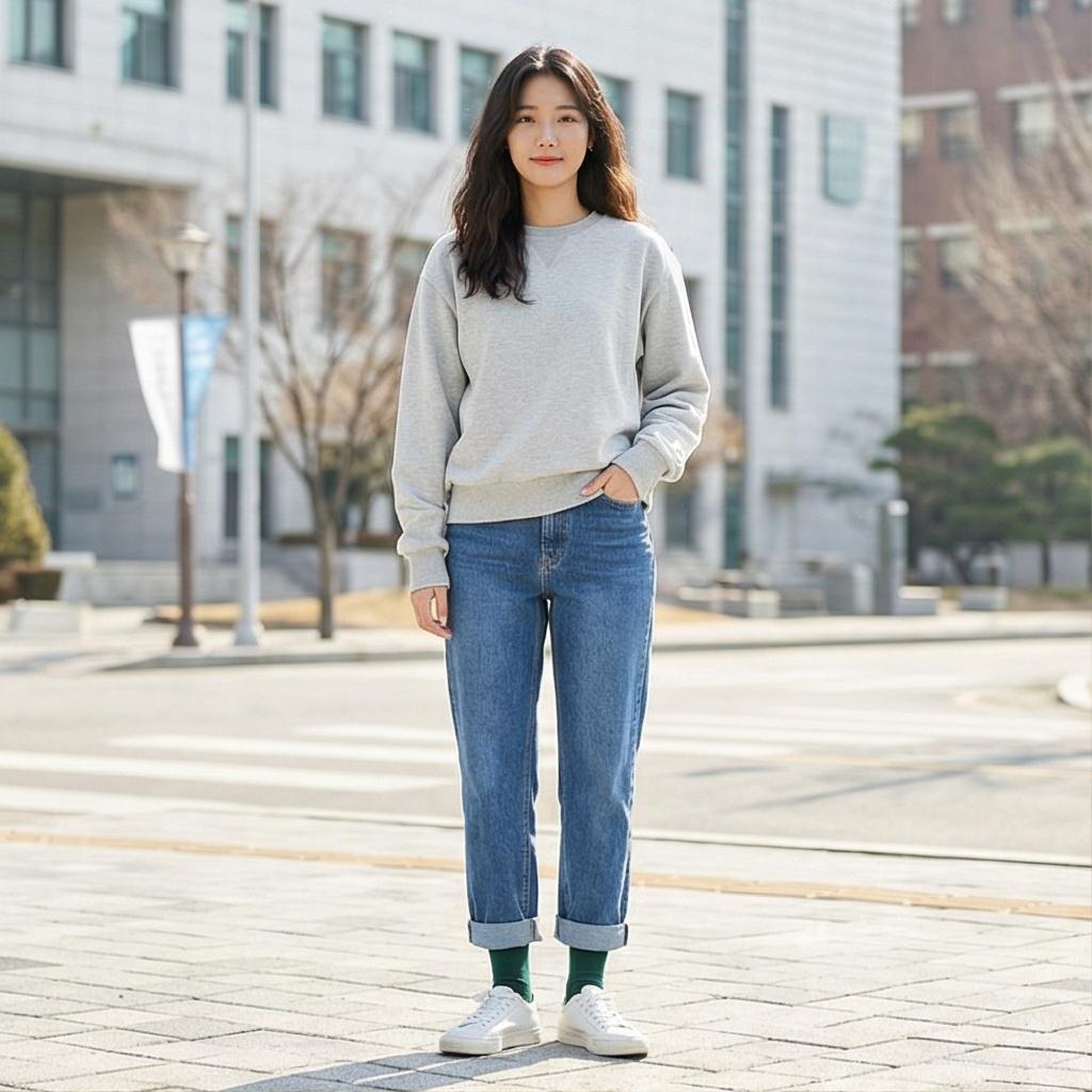 중청 데님 팬츠: 캐주얼한 캠퍼스 스타일