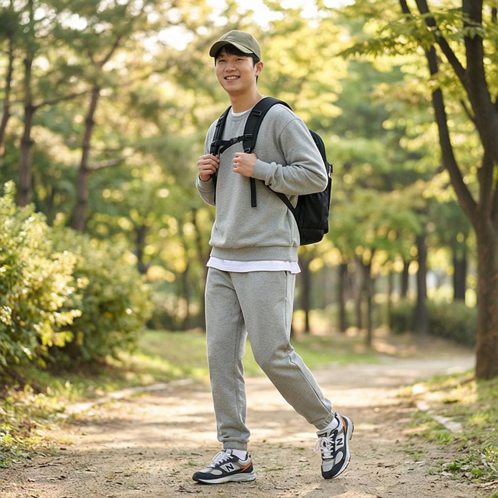 회색 맨투맨과 조거 팬츠: 편안한 나들이 스타일