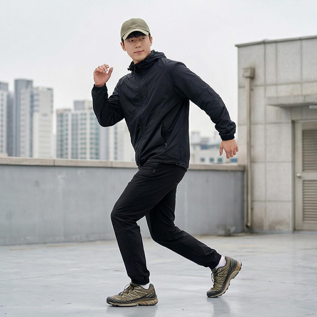 검정색 윈드브레이커: 실용적인 아웃도어 무드