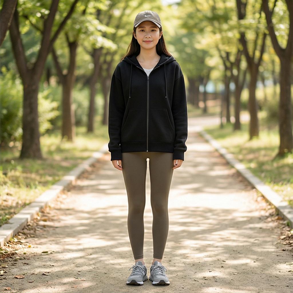 검정색 후드 집업: 활동적인 산책룩