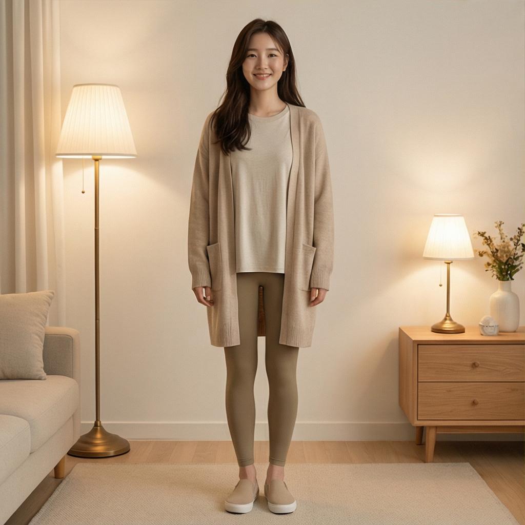 베이지색 롱 가디건: 부드러운 분위기