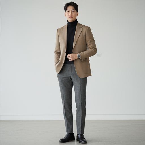 블랙 터틀넥 + 그레이 슬랙스: 도시적이고 모던한 시티 캐주얼