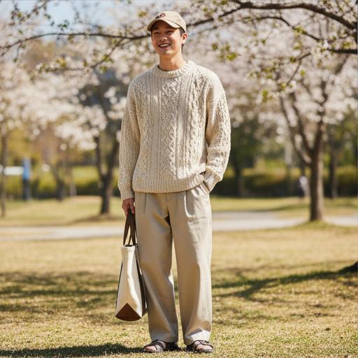 오트밀 와이드 니트 + 베이지 와이드팬츠: 포근한 근교 나들이룩