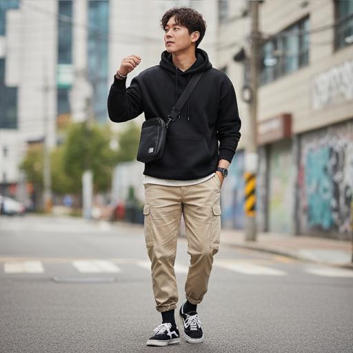 검정색 오버핏 후디 + 베이지 코튼 팬츠: 캐주얼룩