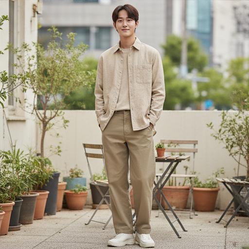 카키 와이드팬츠: 편안한 분위기