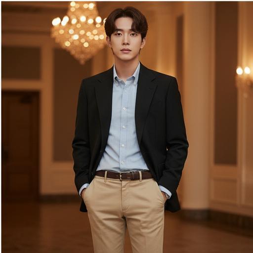 베이지 치노 팬츠: 부드러운 인상의 하객룩