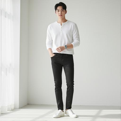 헨리넥 셔츠와 블랙 진: 미니멀 데일리룩