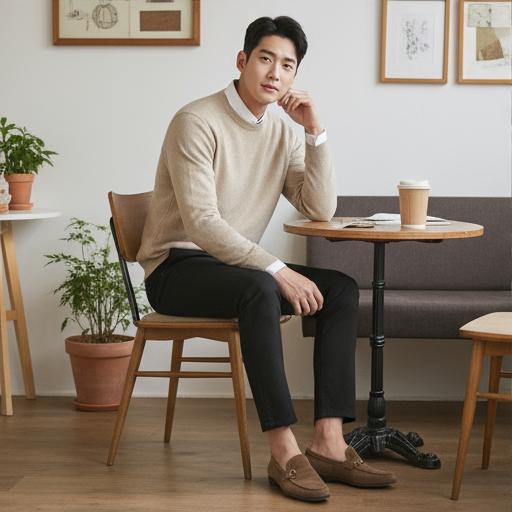 베이지 니트와 블랙 진: 따뜻한 가을 무드