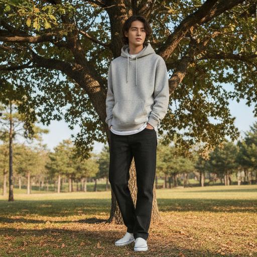 블랙 진과 라이트 그레이 후드티: 편안한 캐주얼