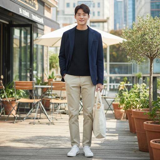 크롭 기장 니트와 베이지 팬츠: 캐주얼 미팅룩