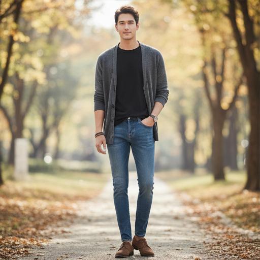 아우터 속 레이어드와 데님 팬츠: 편안한 데이트룩