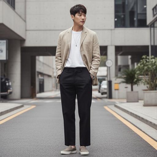 베이지 재킷 & 와이드핏 검정 슬랙스: 세련된 미니멀룩