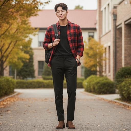 체크 셔츠 & 기본 검정 슬랙스: 자연스러운 데일리룩