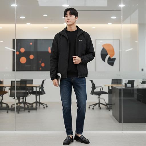 블랙 스웻셔츠 + 진청 데님팬츠: 세련된 비즈니스 캐주얼