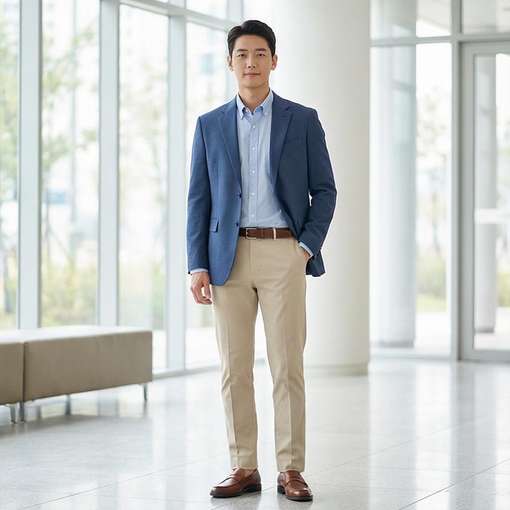 베이지 치노 팬츠: 단정한 비즈니스 캐주얼 스타일