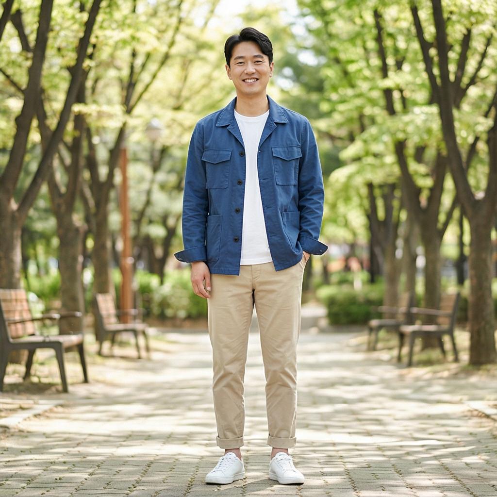 흰색 무지 티셔츠와 베이지 면바지: 나들이 룩