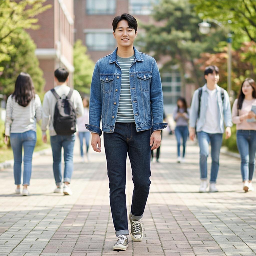 스트라이프 티셔츠와 생지 데님: 캠퍼스룩