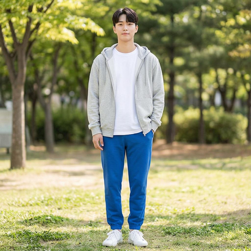 흰색 티셔츠 & 그레이 후드 집업: 편안한 주말 데일리룩