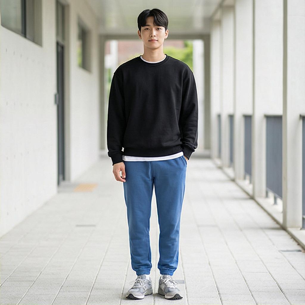 검정색 맨투맨: 단정하고 깔끔한 캠퍼스 스타일