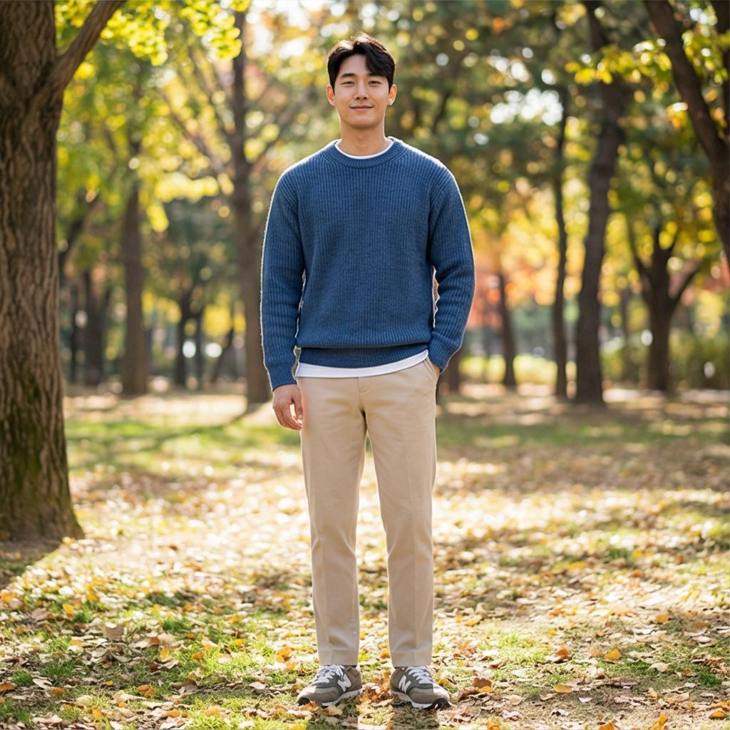 흰색 티셔츠와 베이지 면바지: 부드러운 분위기