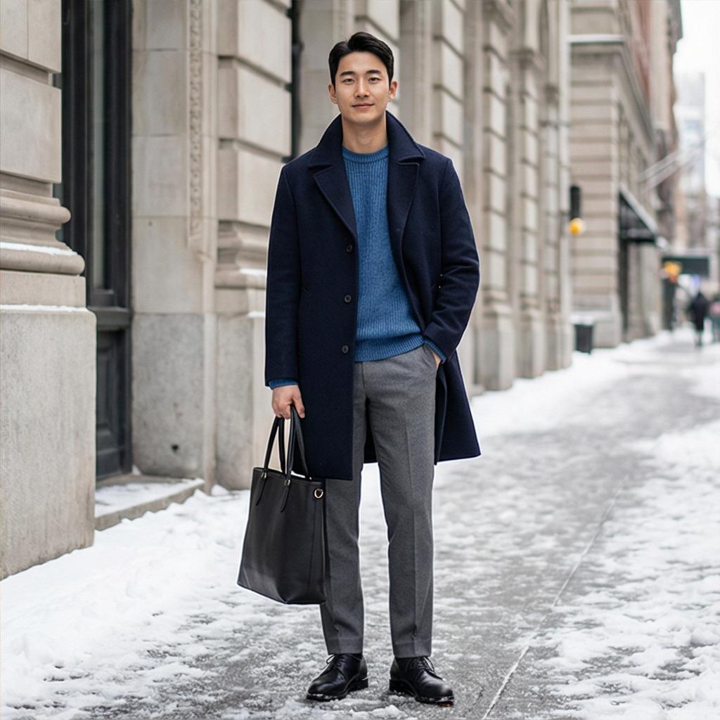 그레이 슬랙스와 롱 코트: 격식 있는 윈터 스타일
