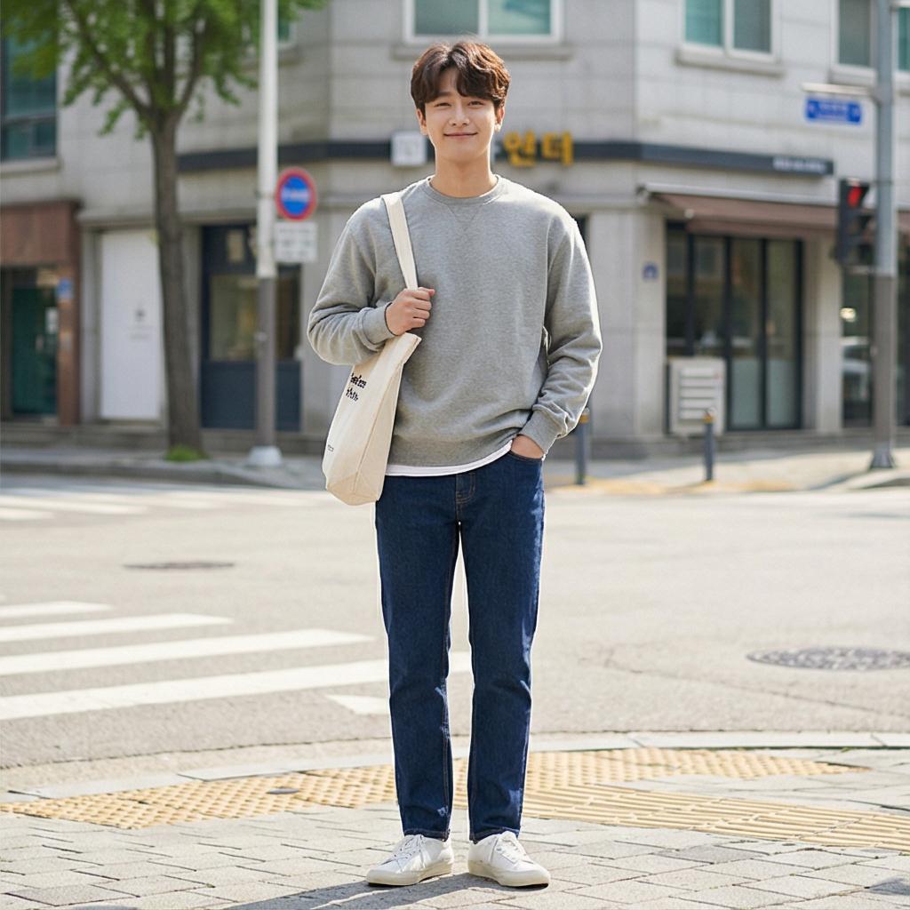 회색 맨투맨: 편안한 나들이 룩