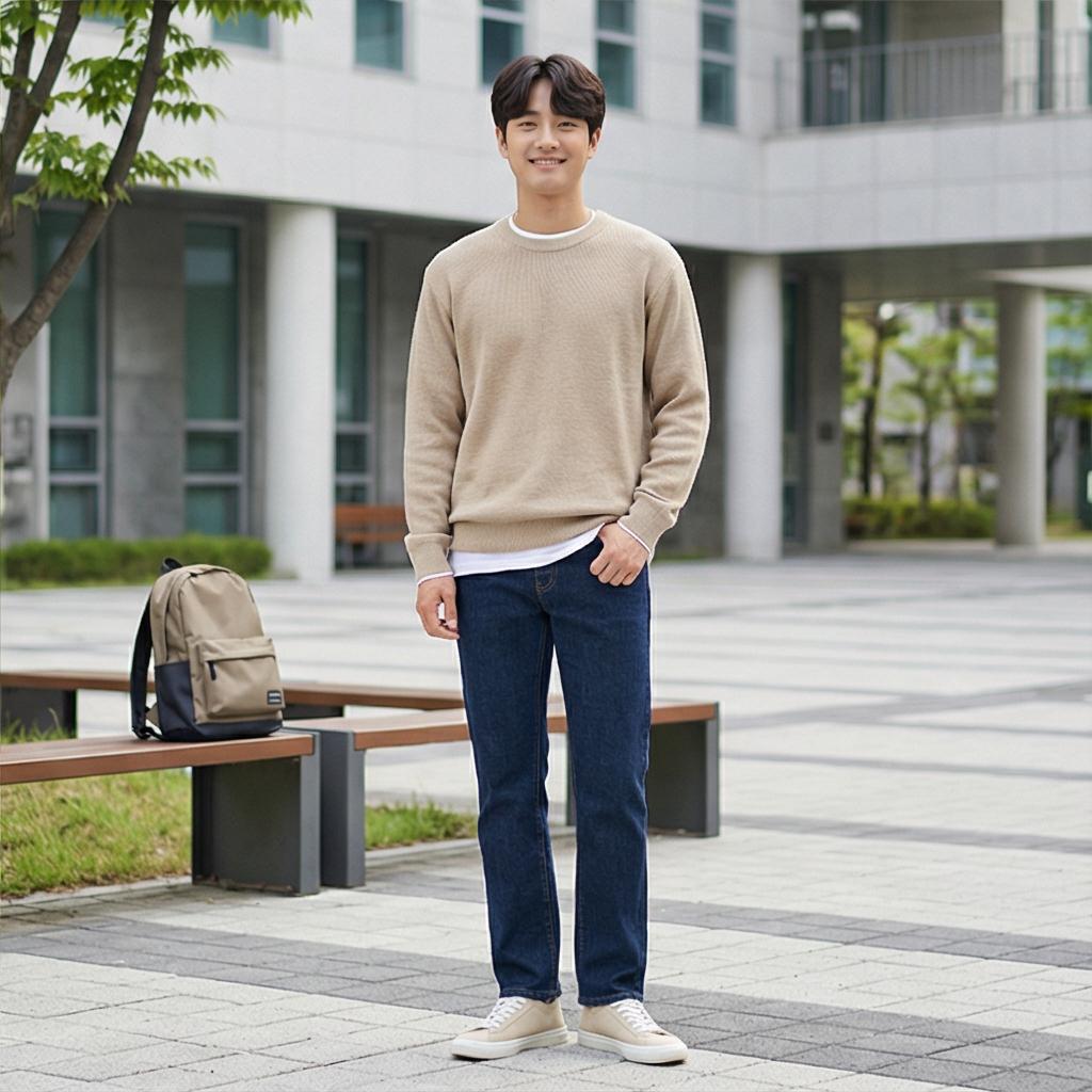 베이지색 니트: 부드러운 캠퍼스룩