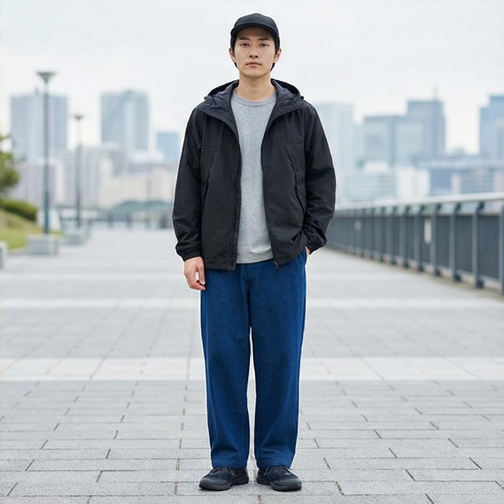 검은색 윈드브레이커: 활동적인 나들이 룩