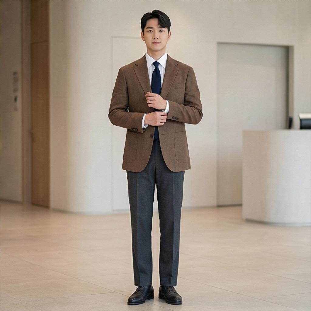 회색 슬랙스와 하늘색 셔츠: 신뢰감을 주는 스마트한 오피스룩