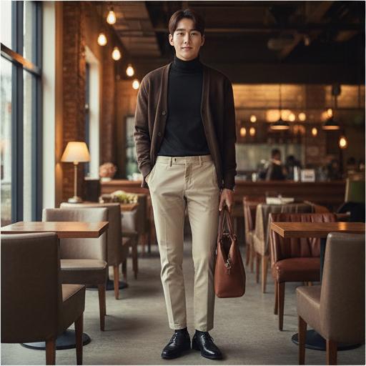 검정색 목폴라와 베이지 면바지: 분위기 있는 가을 겨울 데이트 룩