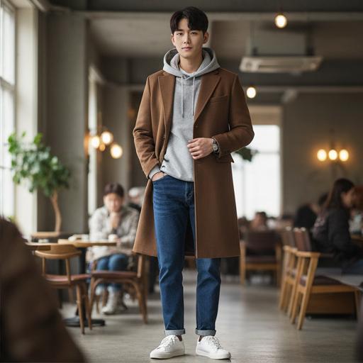 회색 후드티 & 청바지: 편안한 주말 나들이 분위기