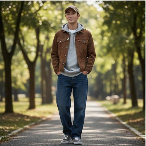 회색 후드티 & 와이드 데님 팬츠: 편안한 주말 나들이 룩