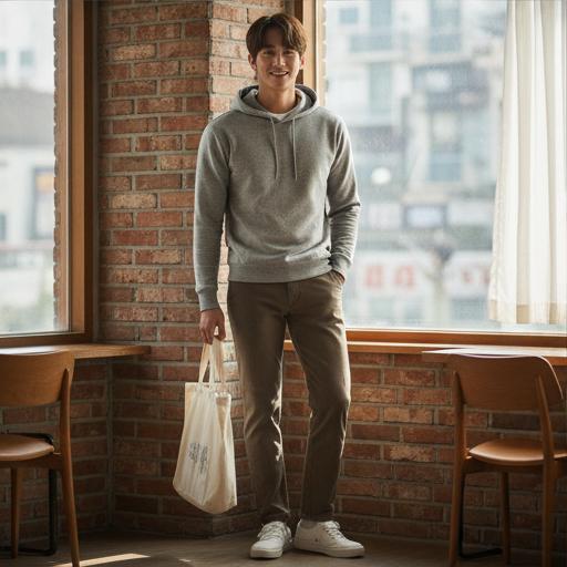 회색 맨투맨 또는 후드티: 꾸밈없이 자연스러운 주말 룩