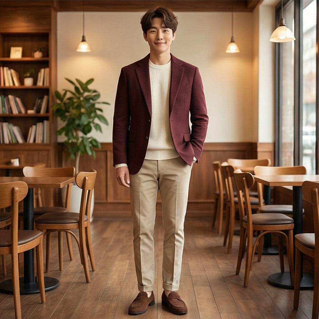 베이지 치노 팬츠: 부드러운 데이트 스타일