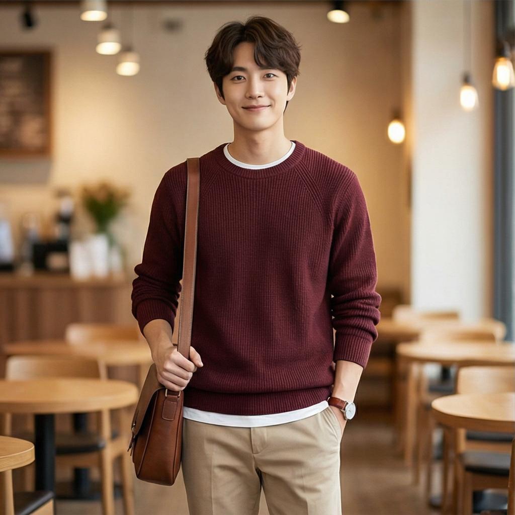 베이지 치노 팬츠: 부드러운 인상의 데이트 룩