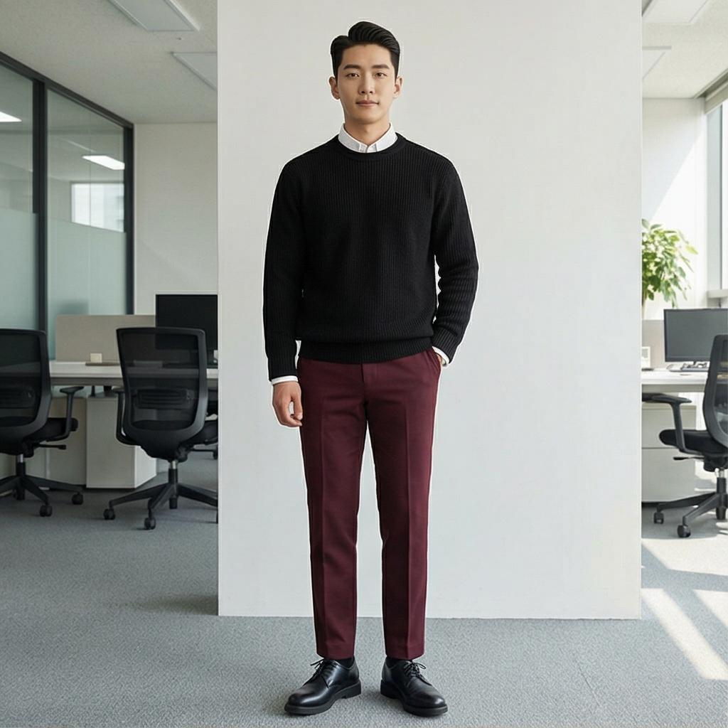 검정색 니트와 셔츠 : 단정한 비즈니스 캐주얼 룩