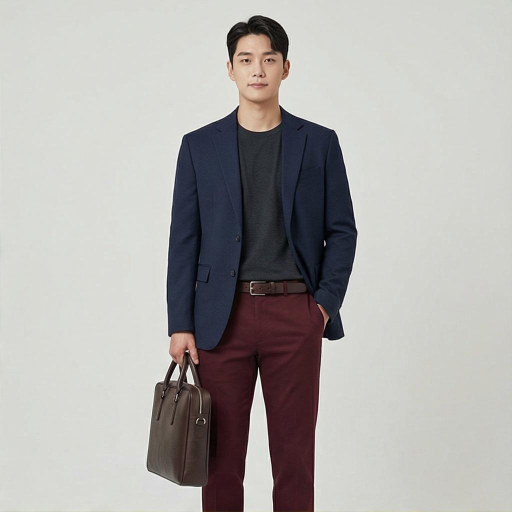 네이비 재킷과 회색 티셔츠 : 신뢰감을 주는 오피스 룩