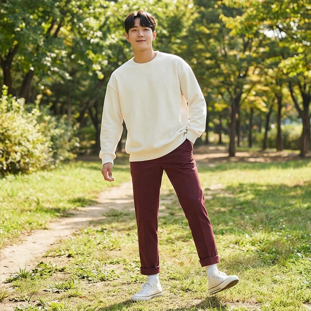 크림색 맨투맨과 흰색 스니커즈 : 활동적인 주말 나들이 룩