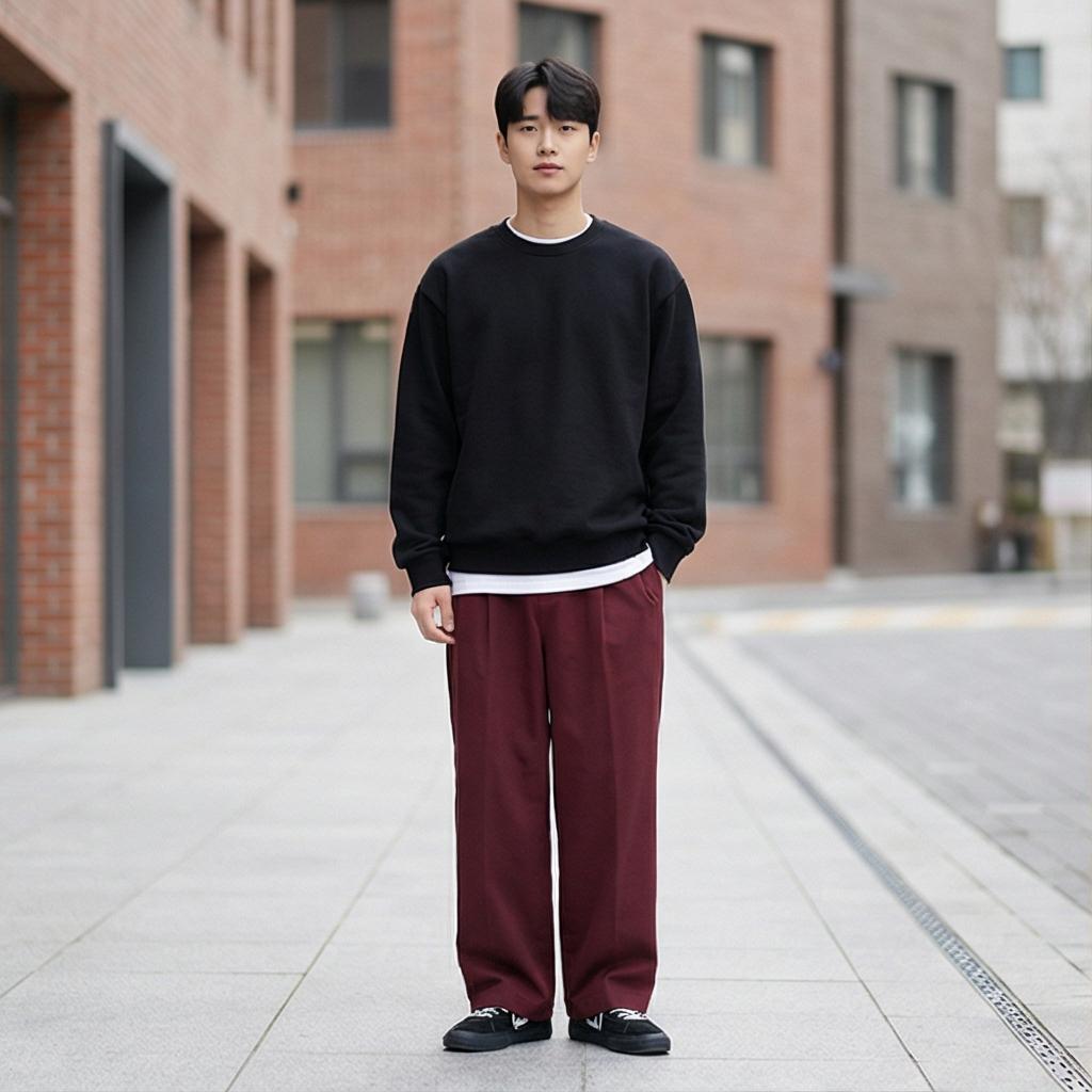 블랙 맨투맨 & 흰색 티셔츠 : 캐주얼한 분위기