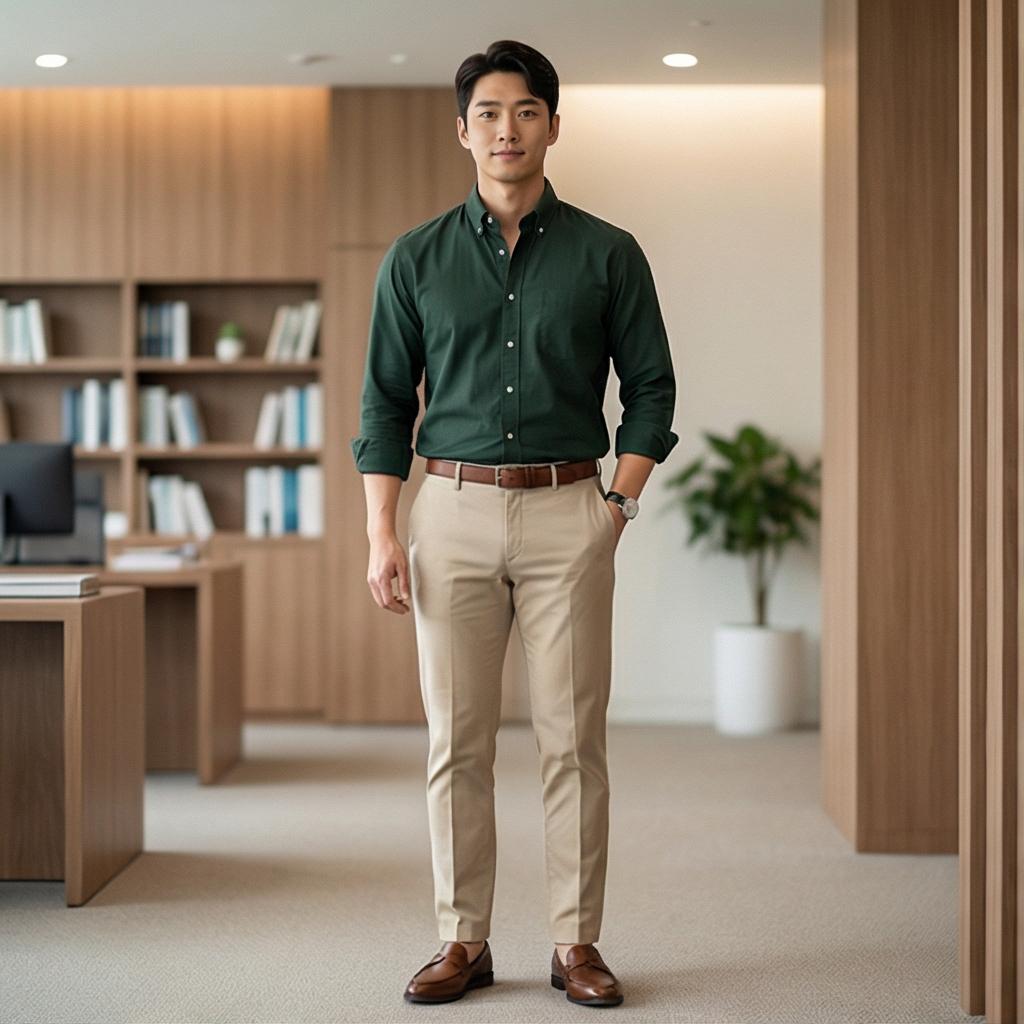 베이지 치노 팬츠 : 편안한 비즈니스 캐주얼 룩