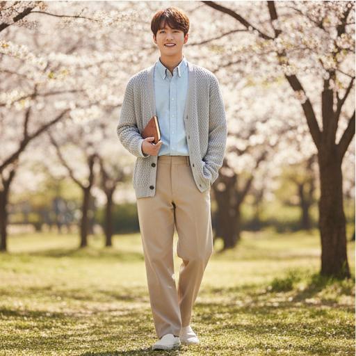 소라색 셔츠 & 베이지 와이드 팬츠: 산뜻한 봄 데이트룩