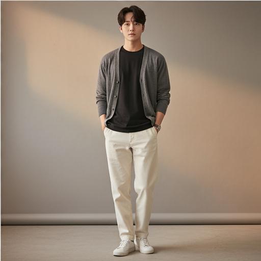 검정 티셔츠 & 아이보리 팬츠: 심플 시크룩