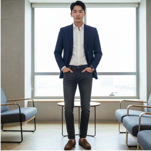 흰 셔츠와 네이비 블레이저: 스마트 캐주얼룩